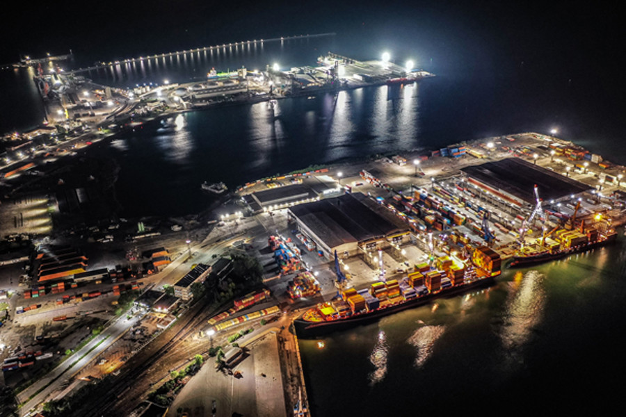port at night with lights on